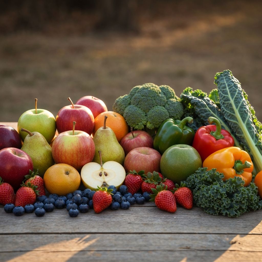 Świeże warzywa i owoce na rustykalnym drewnianym stole