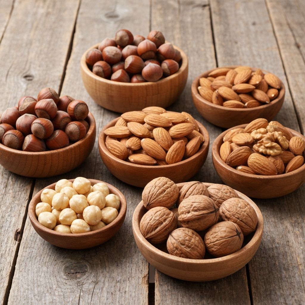 Różnorodne surowe orzechy w małych drewnianych miskach