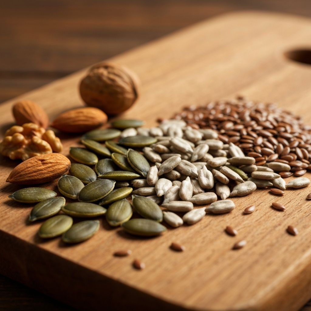 Różnorodne nasiona rozrzucone na drewnianej desce