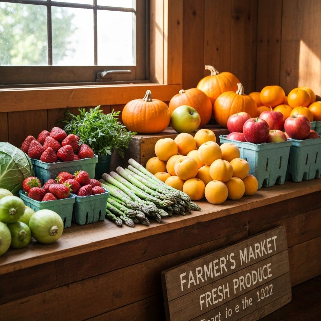 Sezonowe świeże warzywa i owoce ułożone według pór roku